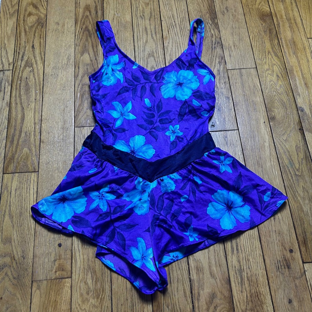 Vintage Maxine of Hollywood Purple Floral Swim Dress One Piece Swimsuit Size 12